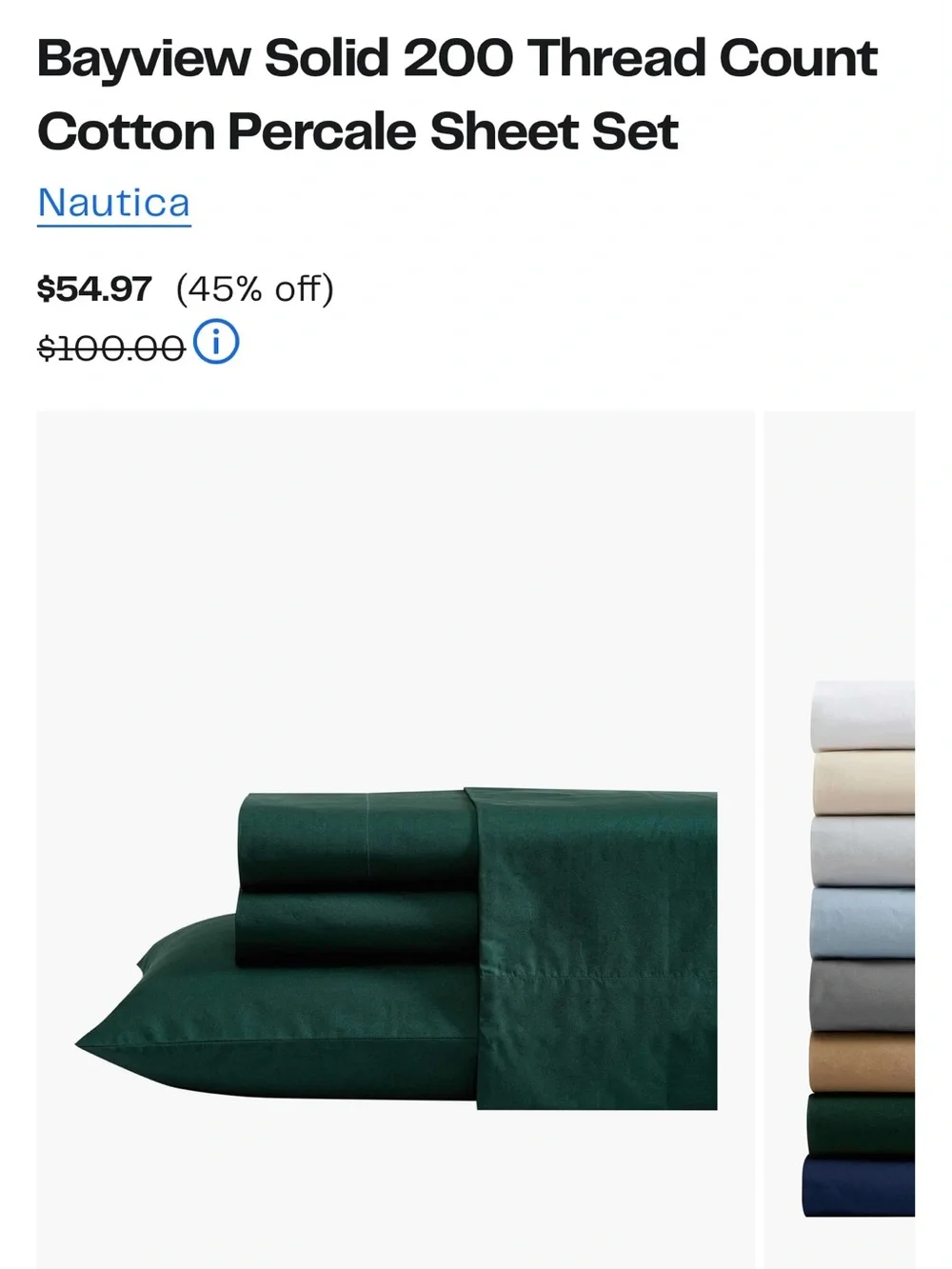 Nautica Bayview Solid Cotton Percale Sheet Set - Deep Green - TWIN